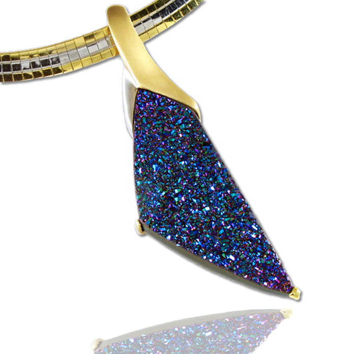 “Rainbow Freedom” pendant - Hand-cut Rainbow Drusy, 31.80cts, set in14KYG with Rhodium accent. Item #KPYW-BO-TZ-1737.