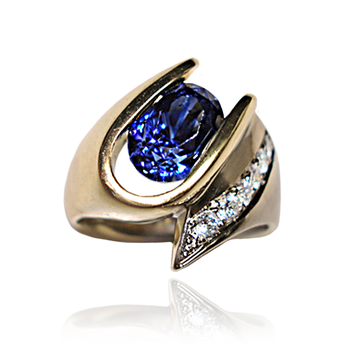 Item# KRYW-S-D-947 - "Sapphire E-Loop" - Ceylon Sapphire =3cts, 6 round melee diamonds =.18ct tw, 18KYG/14KWG.