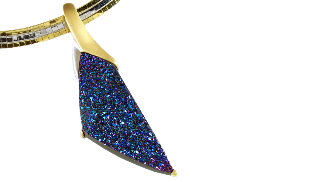 “Rainbow Freedom” pendant - Hand-cut Rainbow Drusy, 31.80cts, set in14k yellow gold/Rhodium accent.