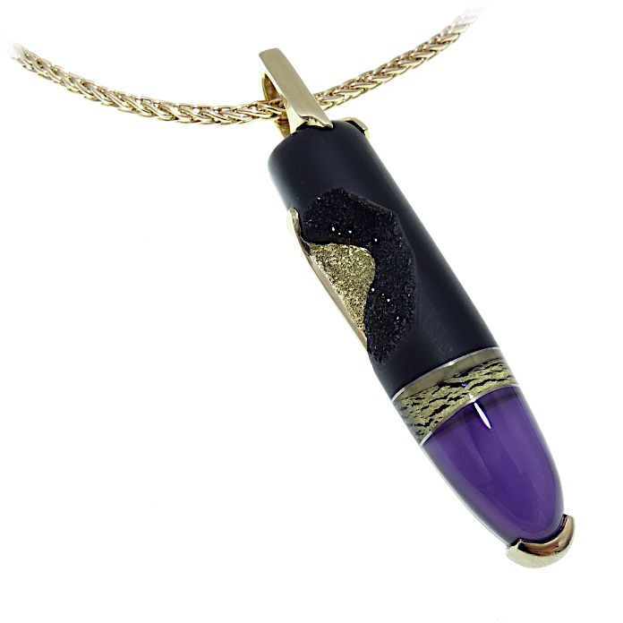 Item# CCJ-KPY-SW-2309 - Steve Walters Composite Pendant, Black Drusy Onx, Amethyst, Quartz band, Mother of Pearl Backing, 14KYG = 13.5dwt