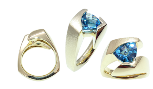Item# KRY-BT-1219 - "Blue Rhapsody" Trillion Cut Blue Topaz Gent's Ring, Blue Topaz Checkerboard Cut = 6.09 carats, 18KYG = 26.5dwt, Oversized Gent's Ring