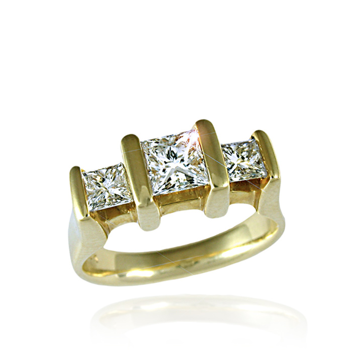 "Triple Suspension" Ladies Diamond Ring, princess cut, center diamond =.47cts VS-2-F, 2 side diamonds = .47cts tw, SI-2-G, 18KYG. Item #KRY-D-757.