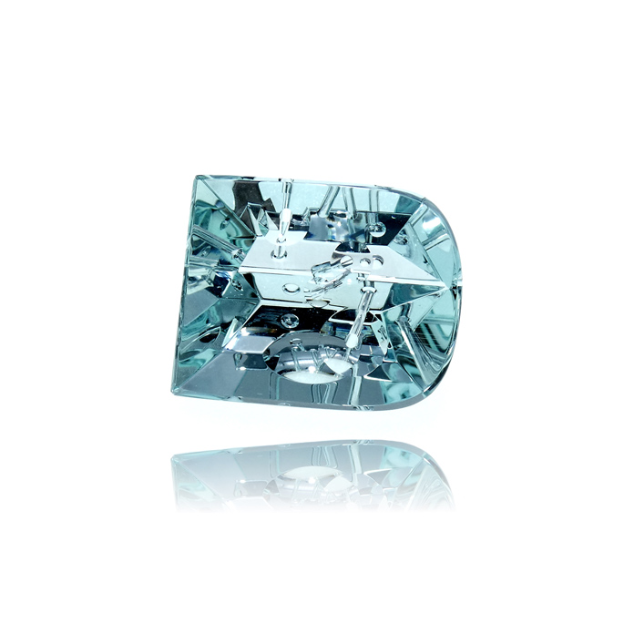 Another outstanding gemstone from renown cutter Michael Dyber. The artfully cut 42.88ct Aquamarine showcases optic dishes and lumineers that create a geometric pattern which illuminates the power of the stone. Item #CCJ-AQ-600.