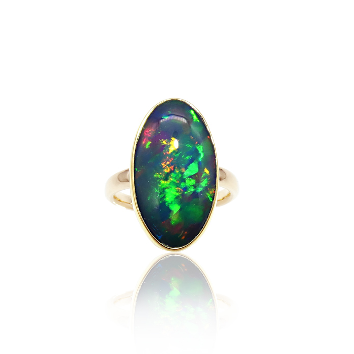 Ethiopian Opal Ring, 20x11mm hand-cut opal, bezel wrap setting in 22K & 14KYG. Item #CCJ-RY-EO-1214.
