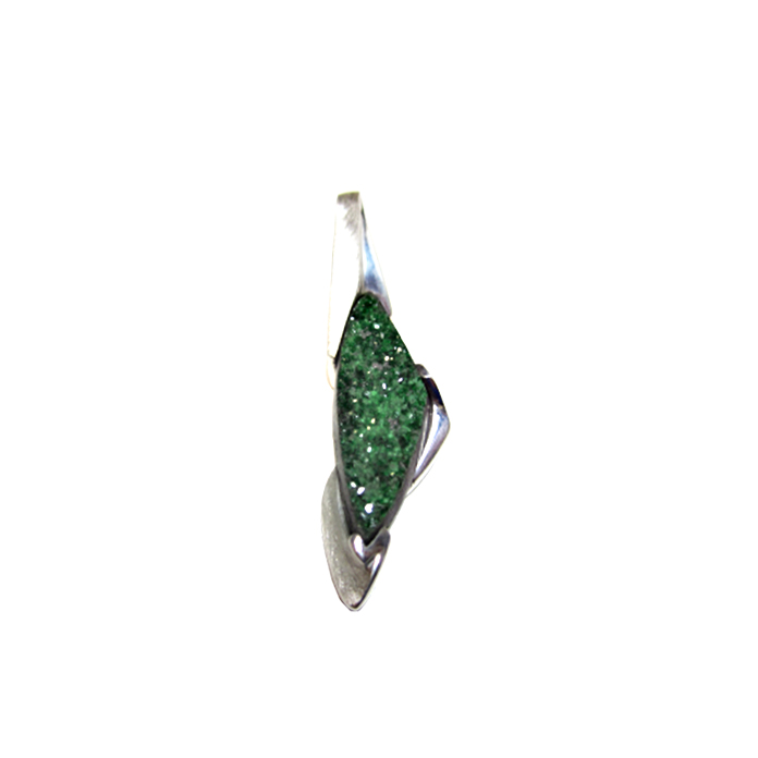 Uvarovite Drusy 26x10x5mm modified triangle, sterling silver = 6.9 pennyweights. Designed by Grace Koorey. Item #KPSS-UD-2126.