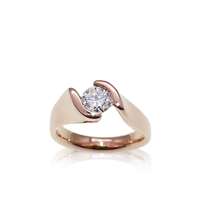 "Elegant Channel", Ladies Diamond Ring, brilliant cut round diamond =.57ct VS-1 F, 14KRG = 5.2dwt. Classic KC design by Grace Koorey. Item #KRR-D-1227.