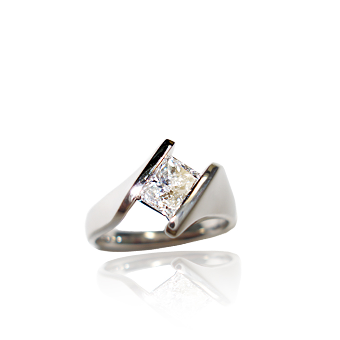 "Side Elegant Channel" radiant cut Diamond = .81ct VS-2, 14KWG = 5pennyweights. Classic KC design by Grace Koorey. Item #KRW-D_992.