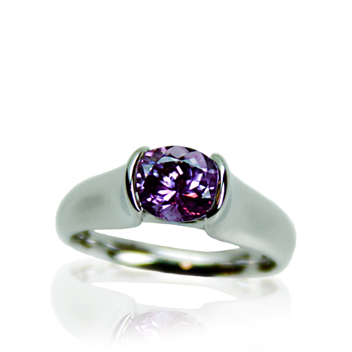 "Lavender Suspension" Ladies Ring, oval-cut Lavender-Pink Sapphire =1.94cts, 14KWG. Item #KRW-S-872.