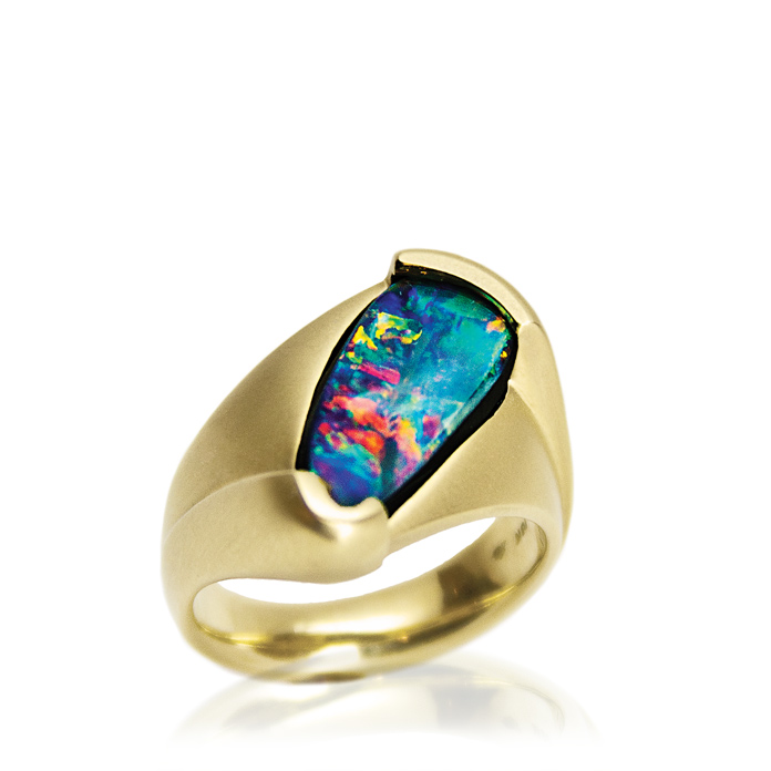 "Opal Freedom" One-of-kind Australian Boulder Opal Gents Ring, Opal =19.8mmx9mm, 18KYG. Damian Koorey, Goldsmith Designer. Item #KRY-BO-817.