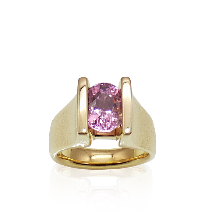 "Suspended Channel" Ladies Ring, Pink Spinel =2.73cts., classic KC design set in 18KYG =11pennyweights. Item #KRY-PSL-1237.