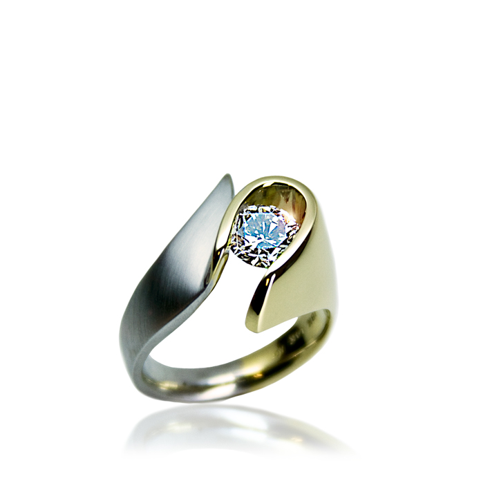 "Diamond E-Loop" Ladies Ring, round brilliant-cut certified diamond =1.05cts, SI-1, G, GIA, 18KYG/14KWG. Item # KRYW-D-941.