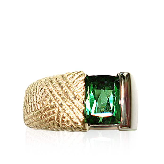 "Egyptian Weave" Gents Ring, Green Tourmaline =3.41cts, 18KYG/14KWG. Item #KRYW-GT-1123.