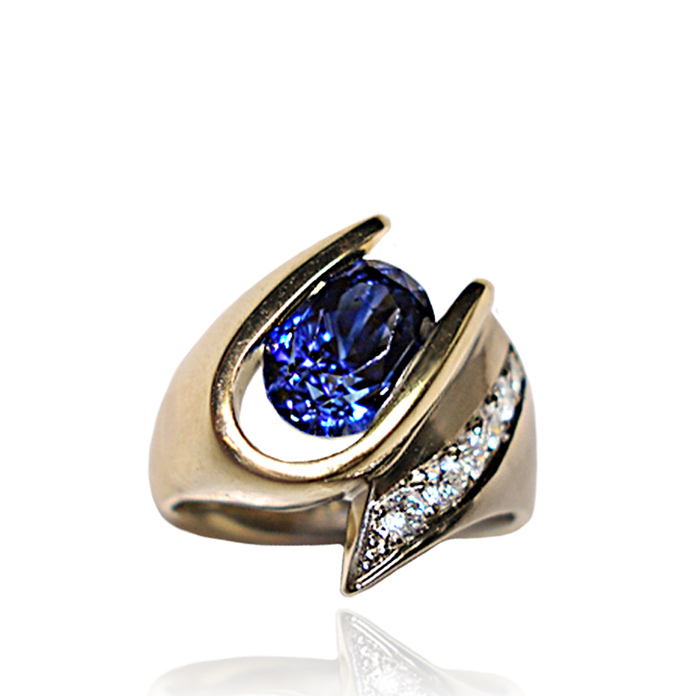 "Sapphire E-Loop" - Ceylon Sapphire =3cts, 6 round melee diamonds =.18ct tw, 18KYG/14KWG. Item# KRYW-S-D-947.