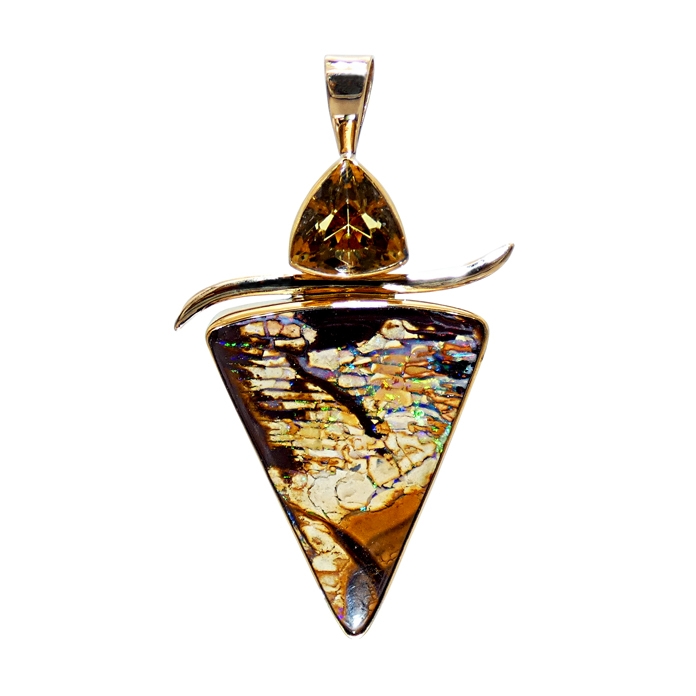 Item# CCJ-PY-BO-6B-2412 Stone: Yowah Australian Boulder Opal w/ Trillion-cut Golden Beryl Setting: 22 & 14KYG = 21.59 grams Designer Remarks: Bezel wrapped triangle-shaped woman’s pendant.