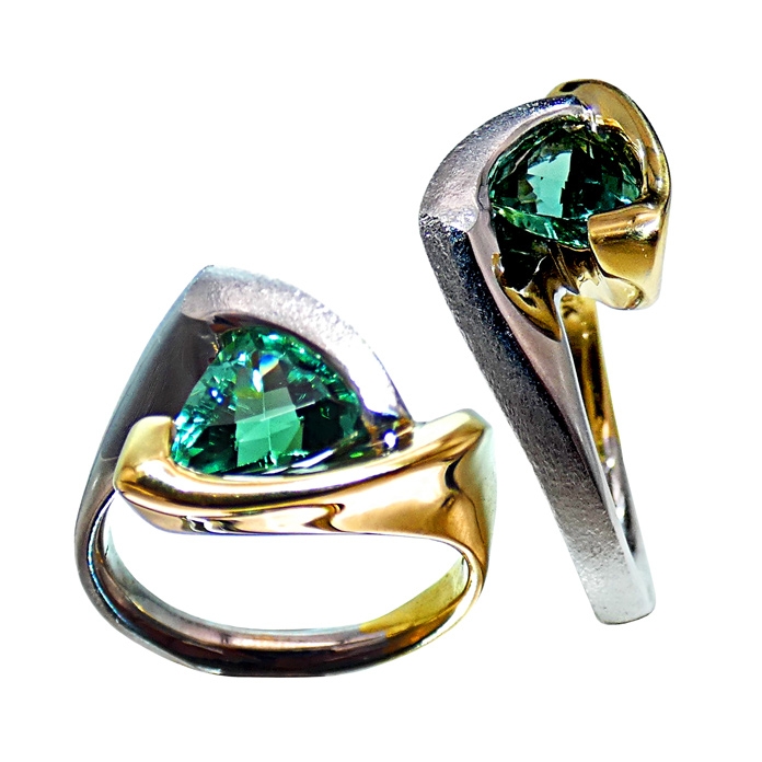 Ladies Ring Item# KRYW-GT-3004 Designer: Koorey Creations Stone: Trillion Green Tourmaline = 1.35cts Setting: 18KYG / 14KWG = 5.3 dwt
