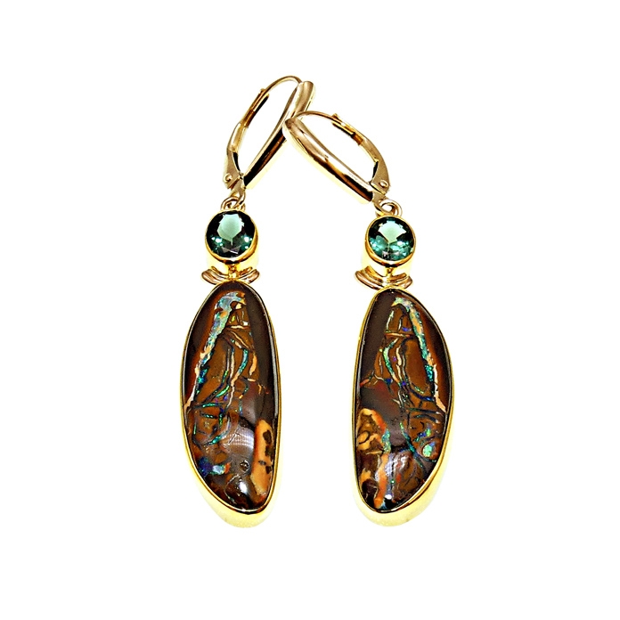 Designer: Koorey Creations Stone: Modified-Oval Boulder Opal w/Green Tourmaline Setting: 22K/14KYG = 6.8grams Item# EY-BO-GT-1502