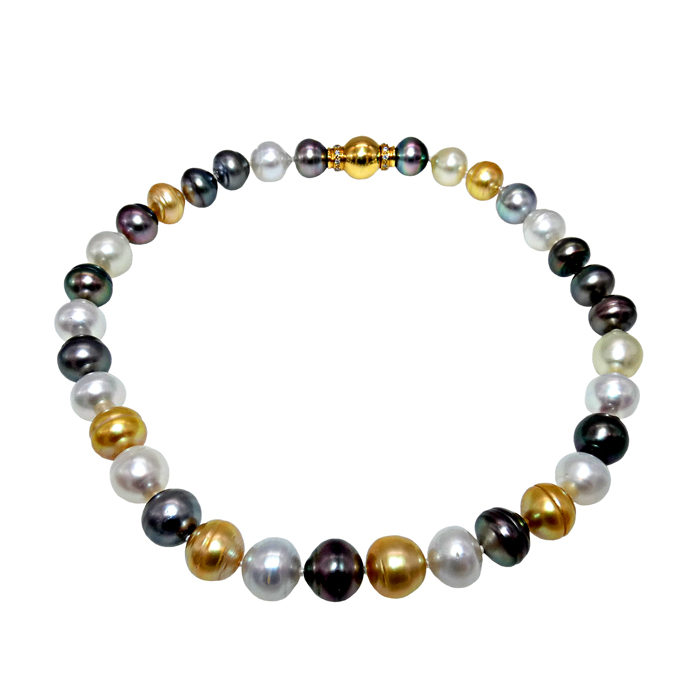 Ladies strand of pearls with round Tahitian Pearls and South Sea pearls = 12-13mm with 18KYG clasp with diamonds. Item# CCD-SPY-TP-G-42-17