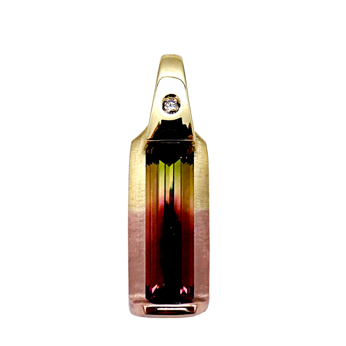 KC Custom Design ladies pendant with long rectangle bi-color tourmaline = 12.02 cts and round diamond = .08 cts SI-1 in 18KYG/14KRG = 10.5 dwt. Item# CCJ-KPYR-BIT-D-2493