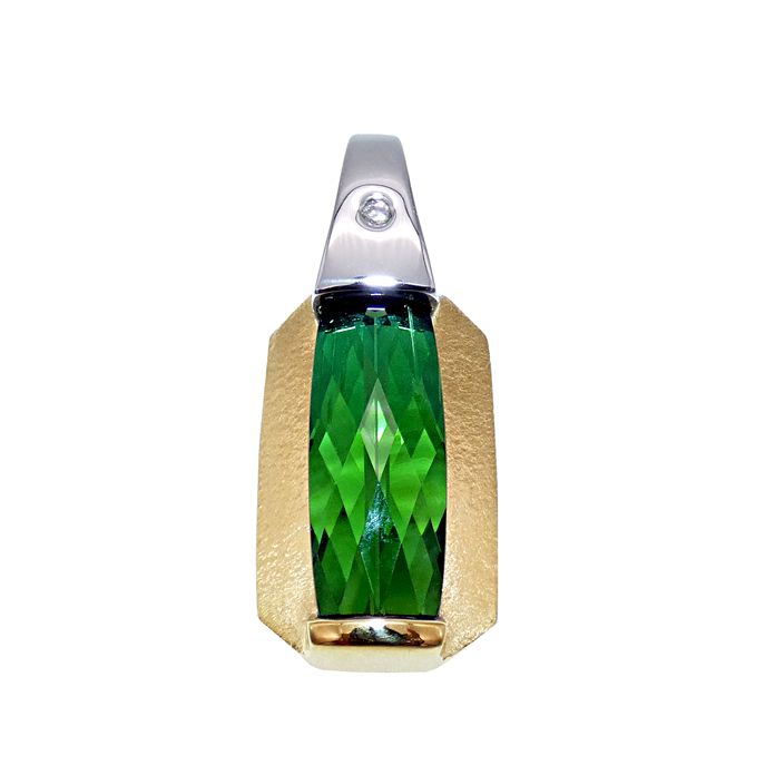 KC Custom Design ladies pendant with rectangle cut green tourmaline = 12.17 cts and round diamond = .06 cts VS G-H in 18KYG/14KWG = 10.3 dwt. Item# CCJ-KPYW-GT-D-2492