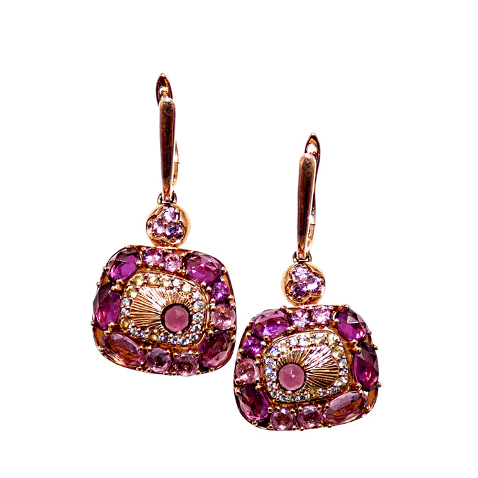 Ladies earrings with oval and round pink sapphires, rhodolite garnet = 3.84 ctw and diamonds = .08 ctw SI-1 in 14KRG = 6.3 grams. Item# ER-RG-SA-D-1569