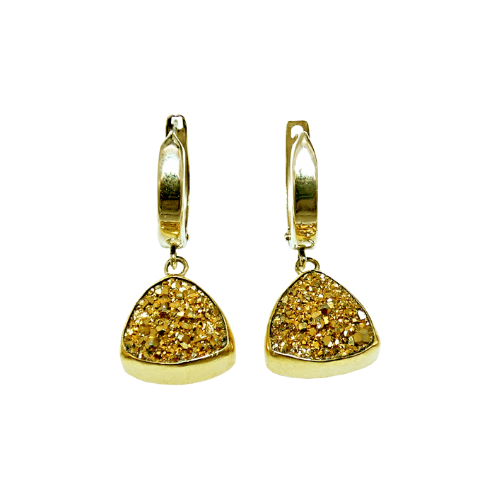 KC Design one-of-a-kind ladies earrings with triangle shaped golden drusy = 6.66 ctw in 22/14KYG = 3.4 grams. Item# EY-GD-1611