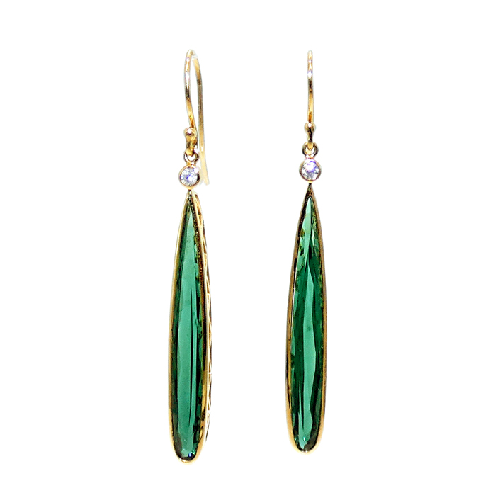 Custom Design ladies dangle earrings with pear green tourmaline = 9.40 ctw and two round diamonds = .08 ctw SI-1 G in 18KYG = 5.9 gram. Item# EY-GT-D-1619
