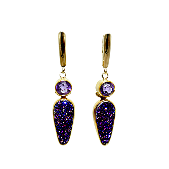 KC one-of-a-kind handmade ladies dangle earrings with teardrop titanium drusy = 8.89 cts and round amethyst = 1.15 ctw in 22/14KYG = 6.0 grams. Item# EY-TD-AM-1610