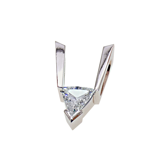 KC Classic Design ladies pendant with modified trillion diamond = 1.00 cts SI-1 G in 14KWG = 3.17 dwt. Item# KPW-D-2407