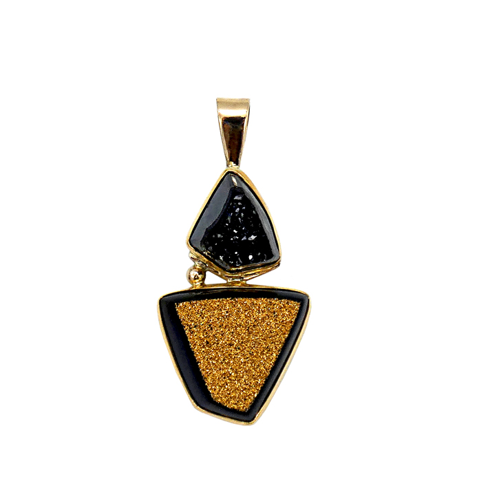 KC Custom one-of-a-kind ladies pendant with modified triangle psilomelane drusy = 14.98 cts and modified triangle gold psilomelane drusy = 14.98 cts in 22/14KYG = 9.8 grams. Item# KPY-DP-GD-2469