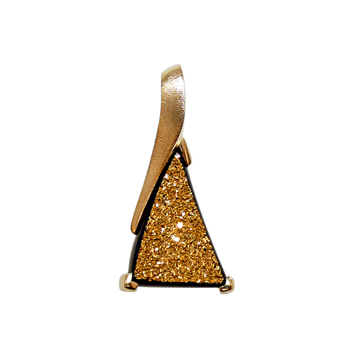KC Custom one-of-a-kind ladies pendant with modified triangle cut golden black drusy = 7.3 cts in 14KYG = 6.3 dwt. Item# KPY-GD-2398