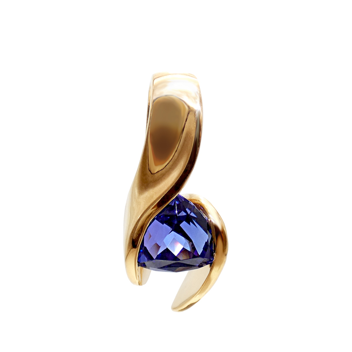 KC Custom Design ladie's pendant with trillion cut tanzanite = 5.13 cts in 14KYG = 7.01 dwt. Item# KPY=TZ-2456