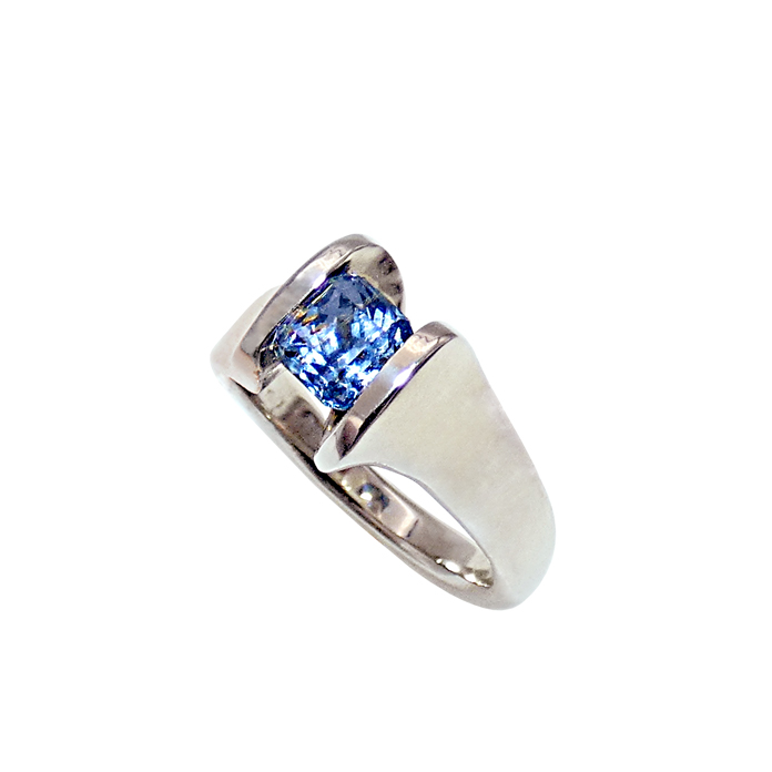 KC Custom design ladies ring with emerald cut blue sapphire = 1.19 cts in 14KWG = 4.90 dwt. Item# KRW-S-1280
