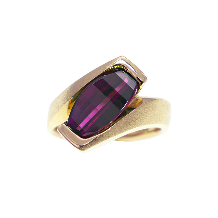 "Elegant Angle" custom design ladies ring with opposed-bar rhodolite garnet = 3.30cts in 18KYG =6.8 dwt. Item #KRY-RG-1187