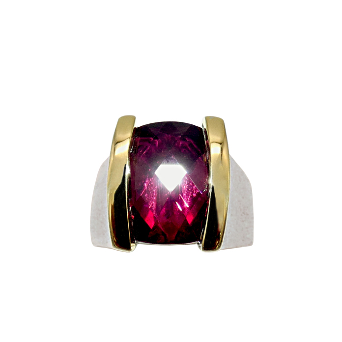 KC Custom Design ladies ring with opposed-bar oval rhodolite garnet = 7.23 cts in 18KYG/14KWG = 11.8 dwt. Item# KRYW-RG-1281