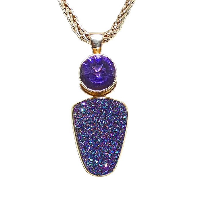 Custom one-of-a-kind handmade ladies pendant with modified triangle rainbow titanium drusy = 30.8 cts and round checkerboard amethyst = 12.72 cts in 22K/14KYG = 16.7 grams. Item# KPY-RTD-AM-2473