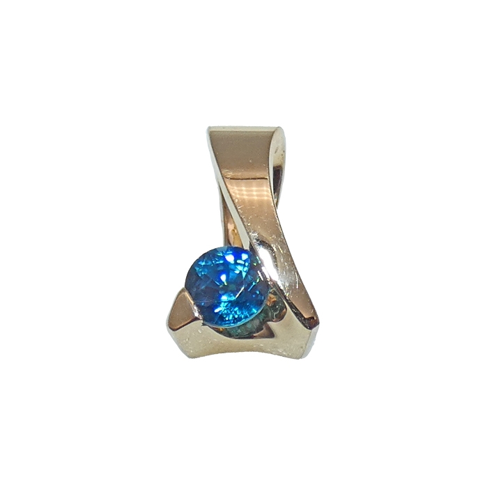 Custom designed ladies pendant with round blue zircon = .85 cts in 14KYG = 2.59 grams. Item# PY-BZ-2391